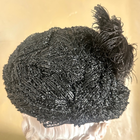 WINSOME 1950s\' BLACK STRAW & LACE HAT WITH BLACK OSTRICH FEATHERS main image 7